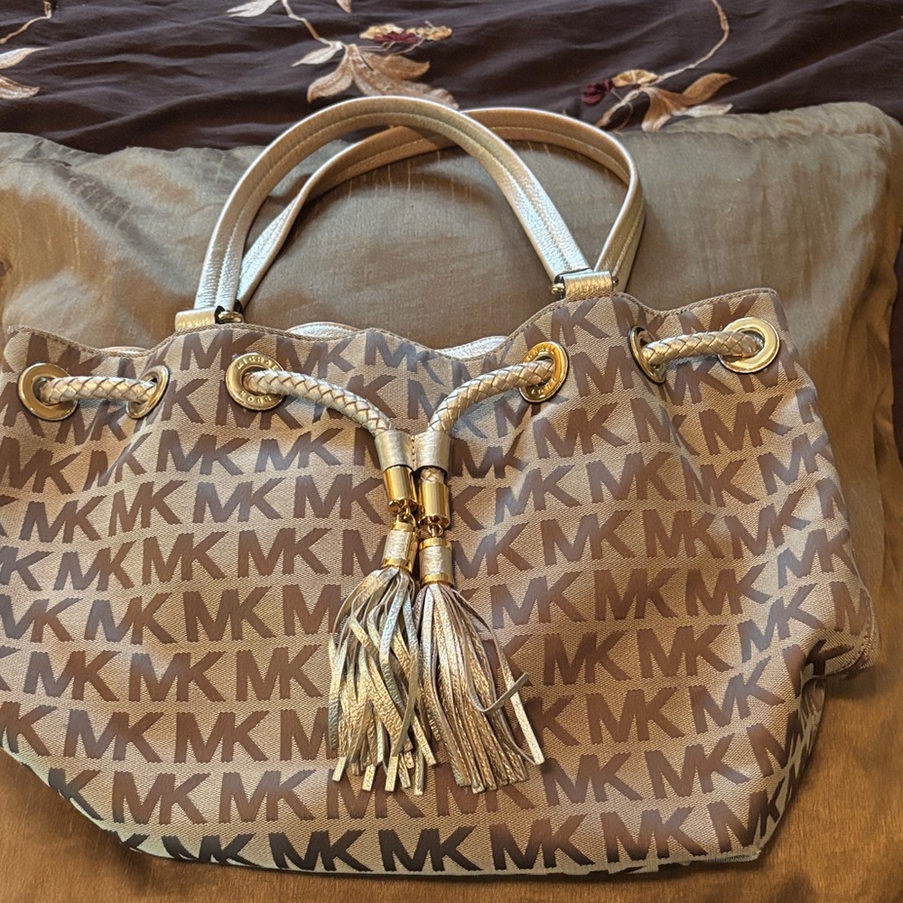 Michael Kors Tan and Gold MK Shoulder Bag